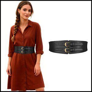 Wide Elastic Leather Belt Stretchy Adjustable Fit Gold Buckle Chic